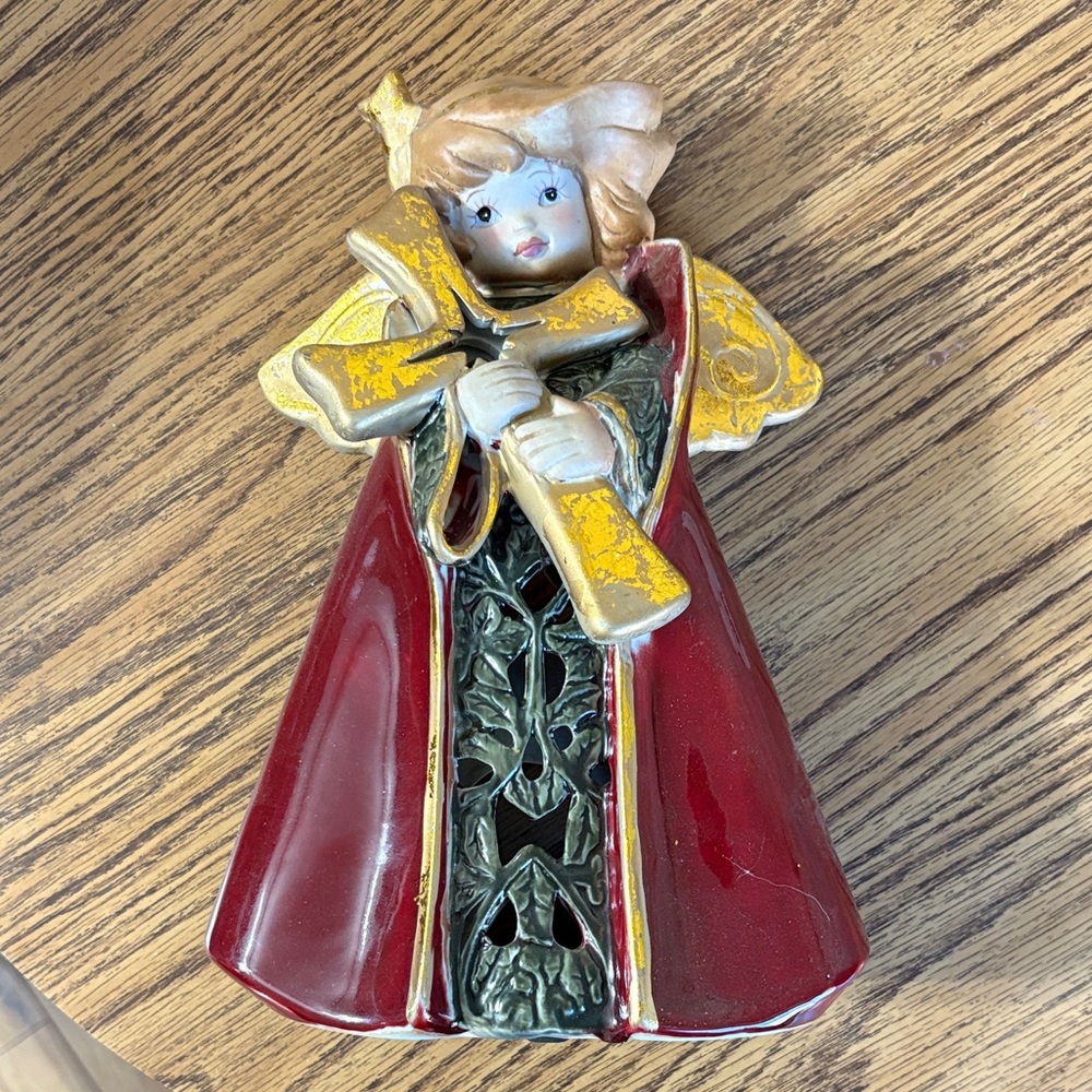 Vintage Angel Figurine with Red and Gold Accents candleholder